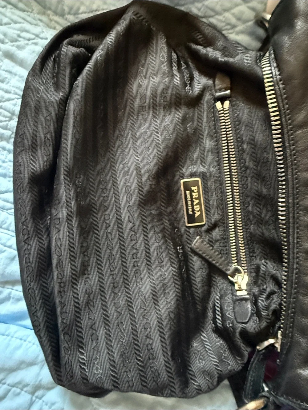 Vintage Prada Black Leather Hobo Shoulder Bag with Front Flap Back Zipper